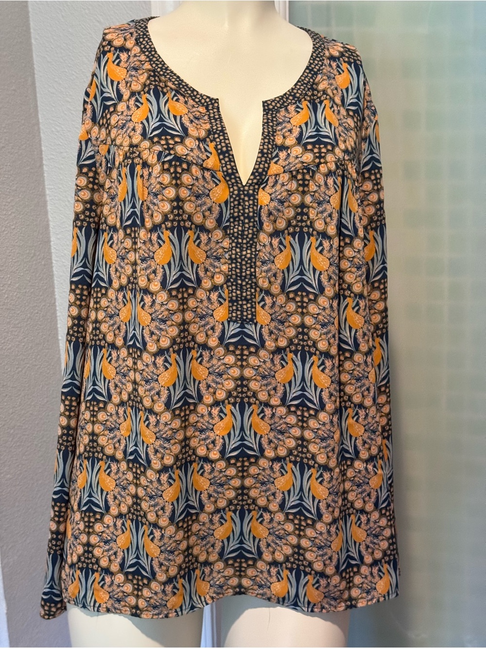 M Boho Peacock & Floral Split-Neck Women's Top